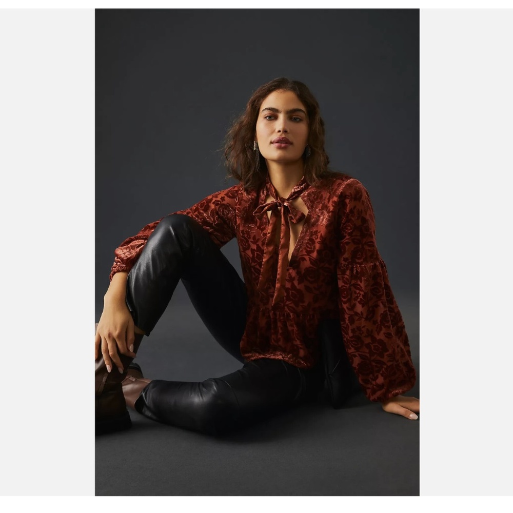 Anthropologie Rust Floral Velvet tie neck Blouse Size Small